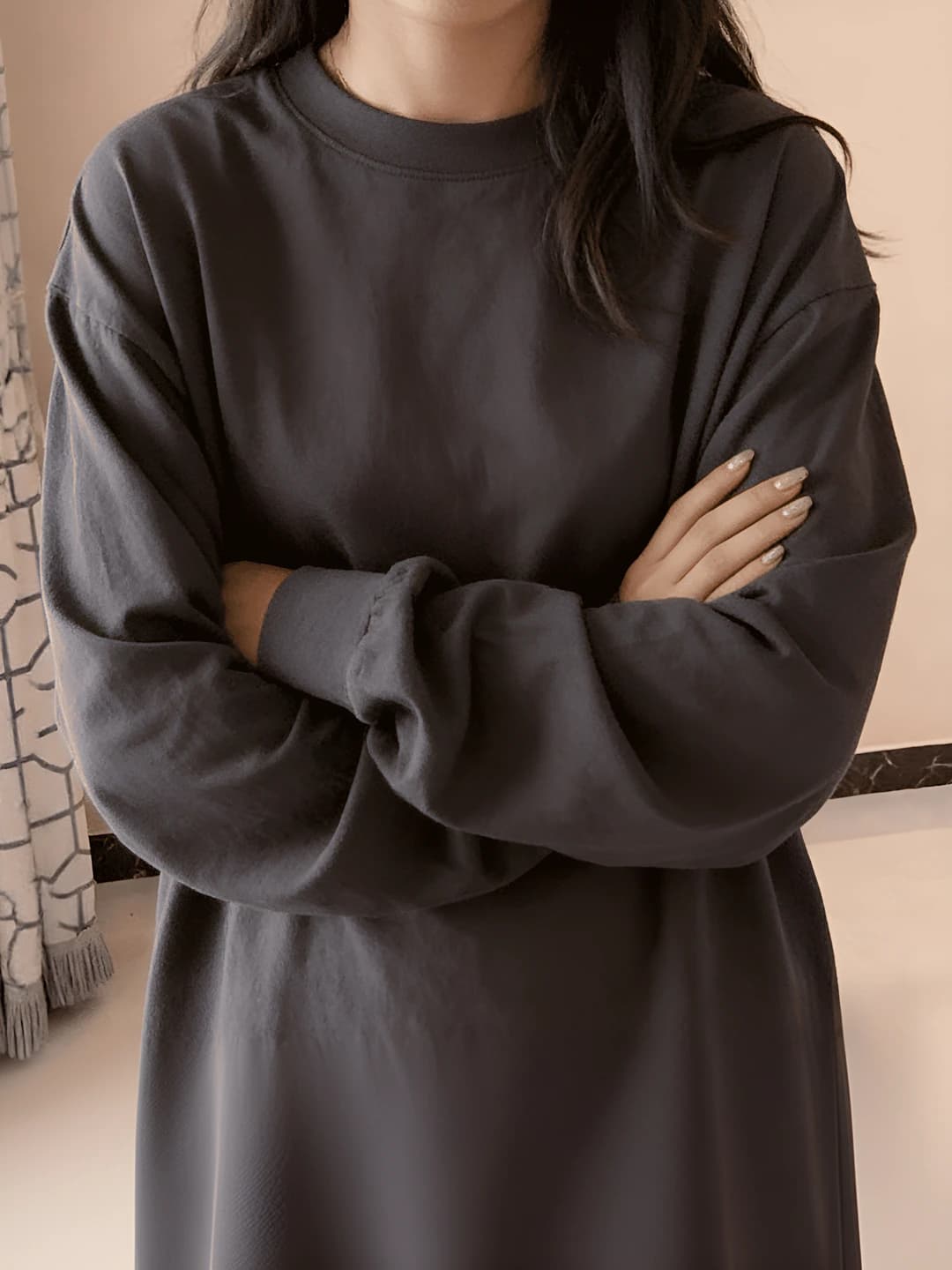 Women's 400g pure cotton long-sleeve base top, loose fit, plus size, crew neck, solid colour, spring-autumn