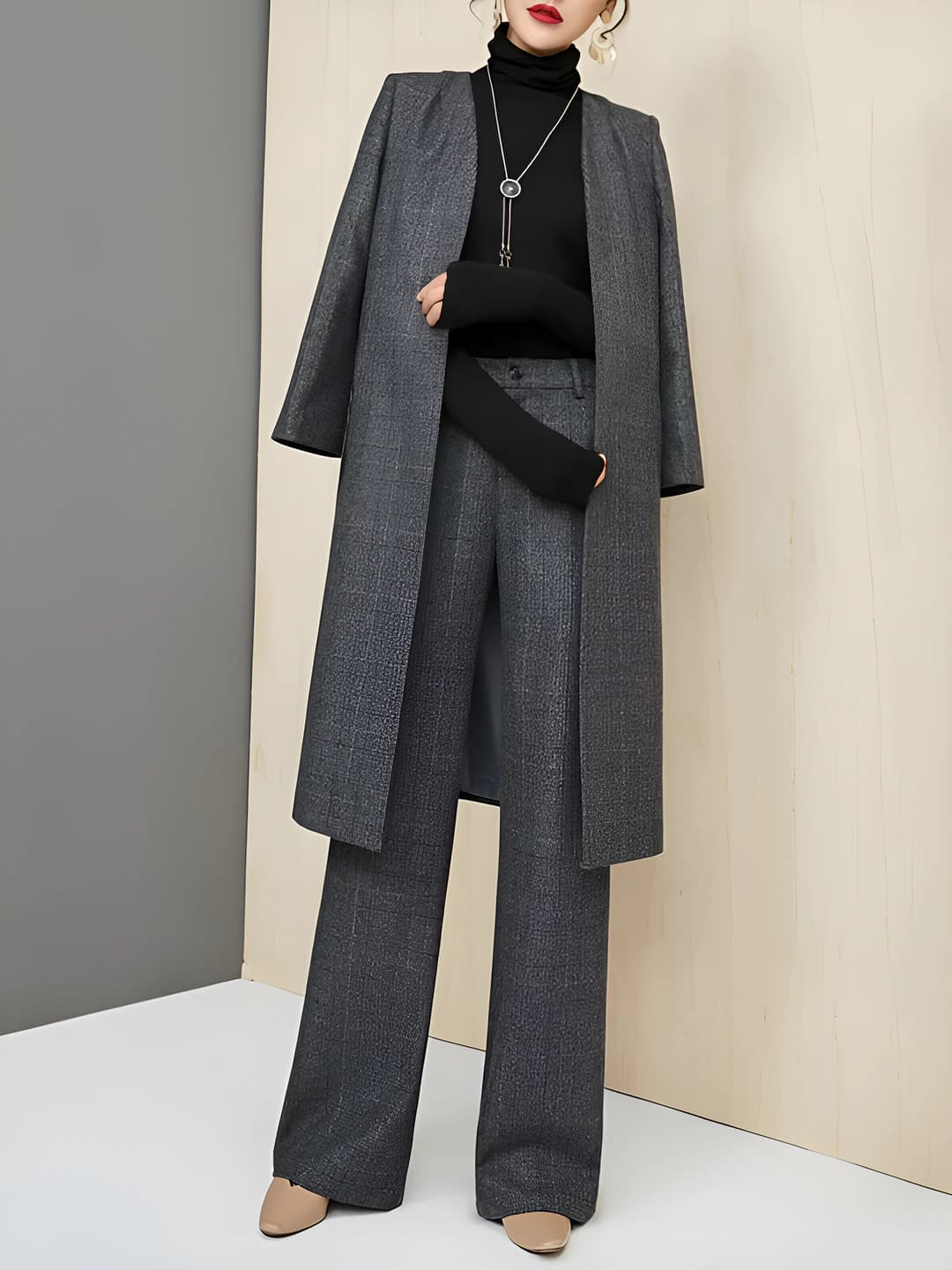 Women's autumn-winter casual set: mid-length wool coat and wide-leg trousers