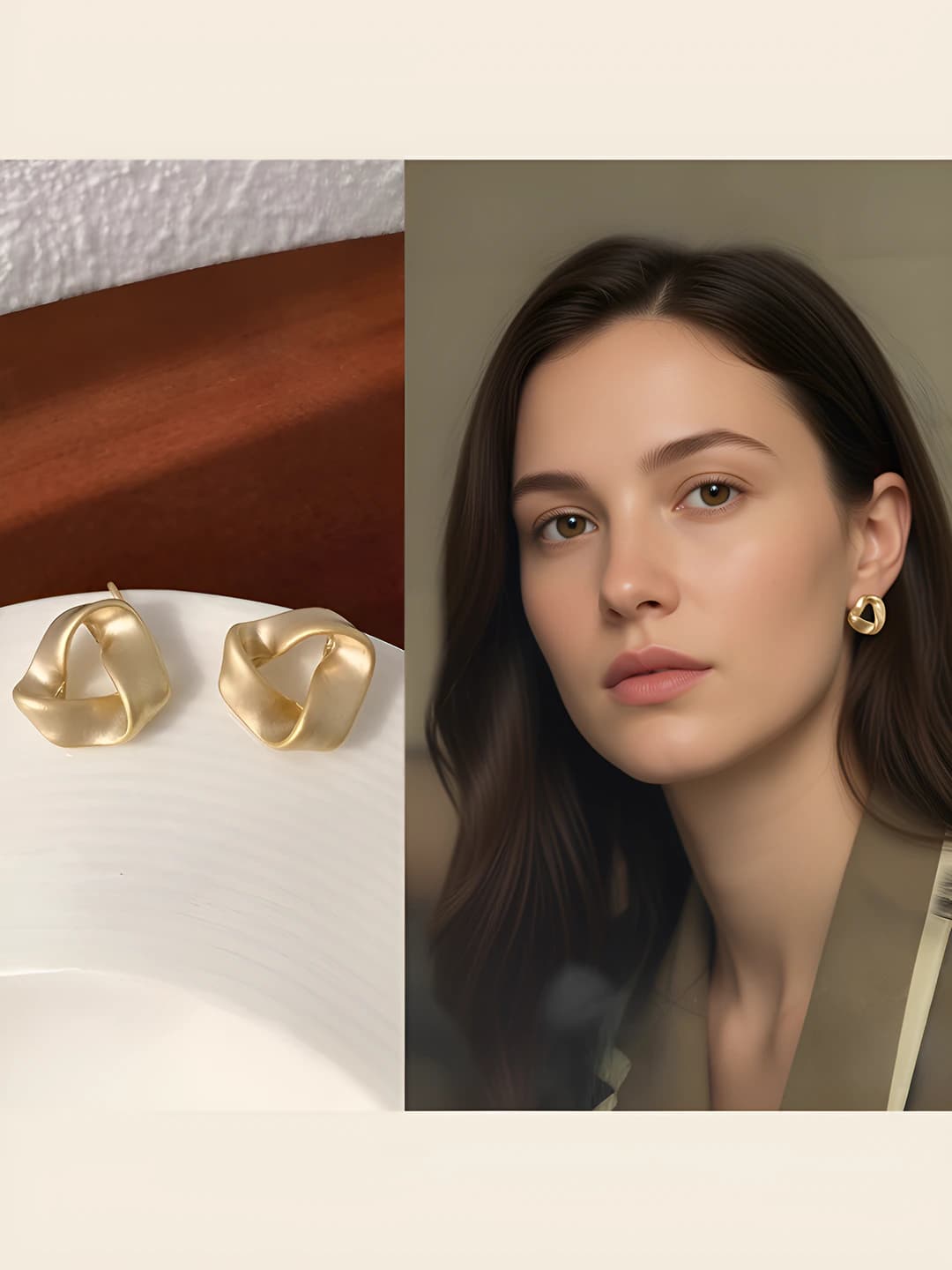 Women's French retro geometric ring stud earrings, titanium alloy, simple daily design