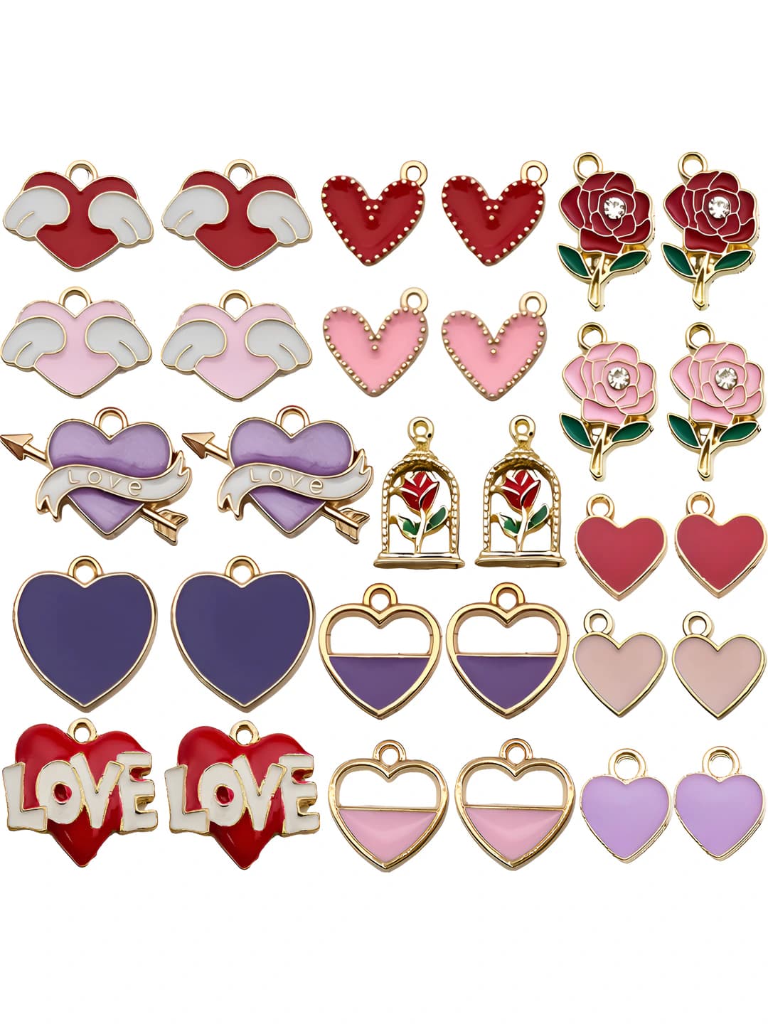 30 pcs mixed enamel Valentine's heart flowers, red-pink-purple - 15 designs x 2 - 31g - SN629