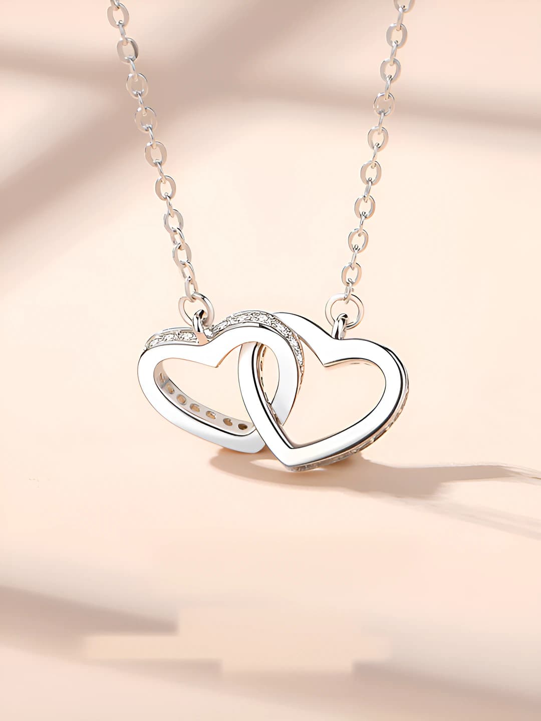 Women's white brass and rose gold double ring heart shape necklace
