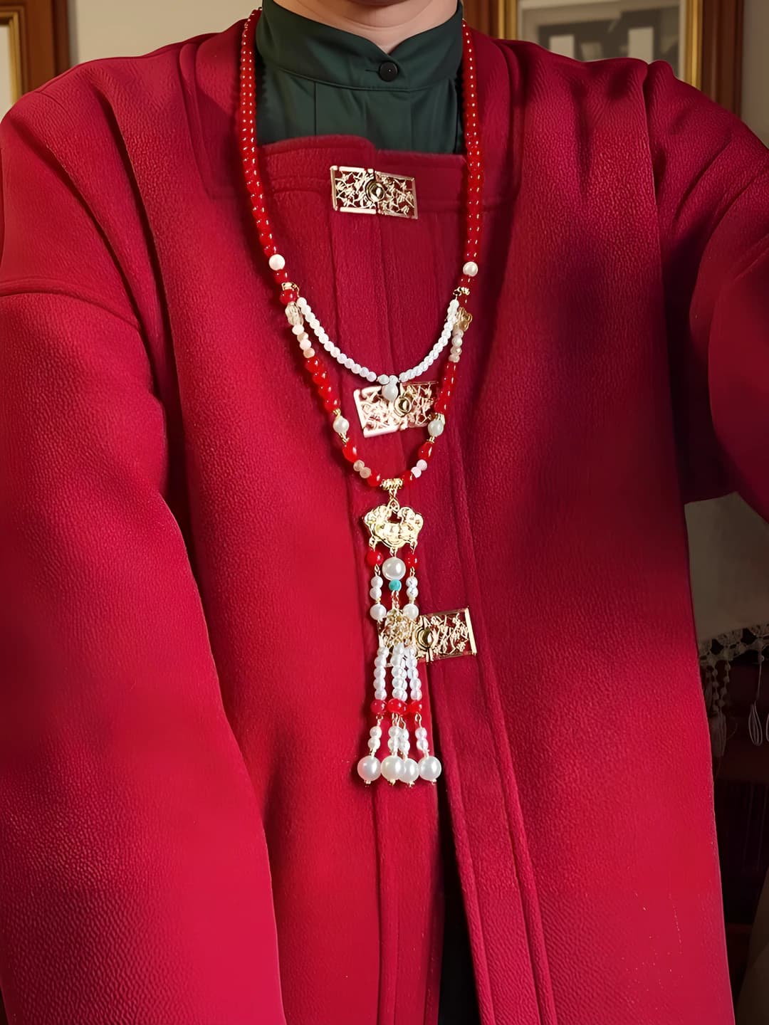 Women's long retro style necklace with safety lock pendant for hanfu, handmade, geometric shape