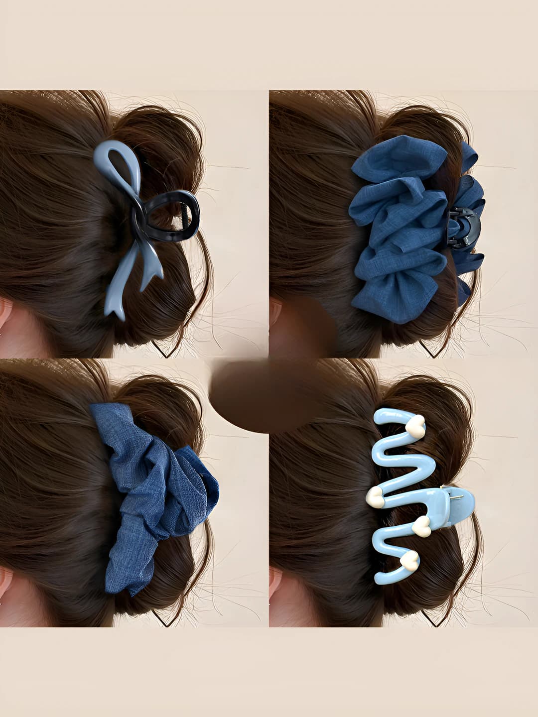 Women's hair clips and combs: blue, with flower design element, large size, for back of head, Korean style, design element: shape/pattern