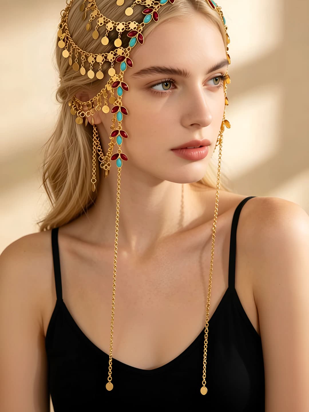 Women's multi-layered round coin tassel hair chain, vintage style, Middle East Arab headpiece, bohemian head chain