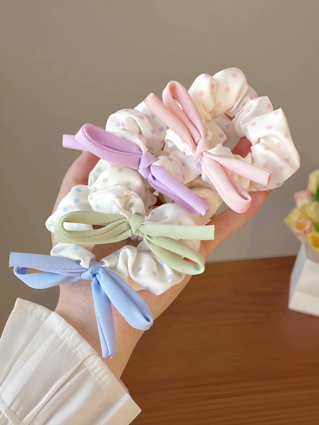 Ayollar uchun satin polka dot tasma va kichik dumli rezinkalar, fransuz bali uslubidagi shirin va yoqimli bosh rezinkasi