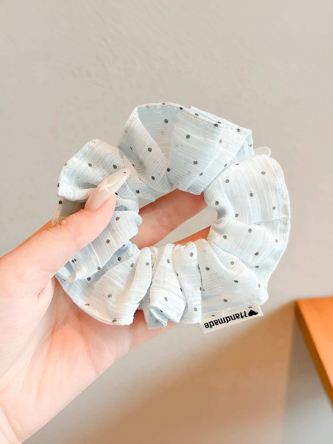 Blue polka dot hair tie, 10 cm