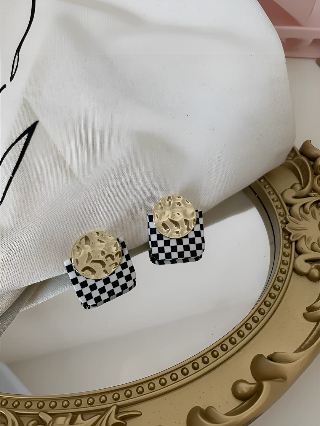 Women's retro style earrings with unique design and checkered pattern