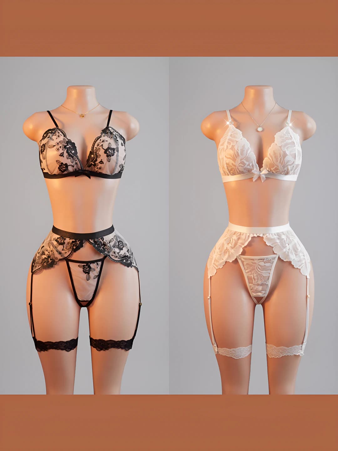 Women's lace lingerie set (bra, garter belt, stockings, thong), ultra-thin, all-season