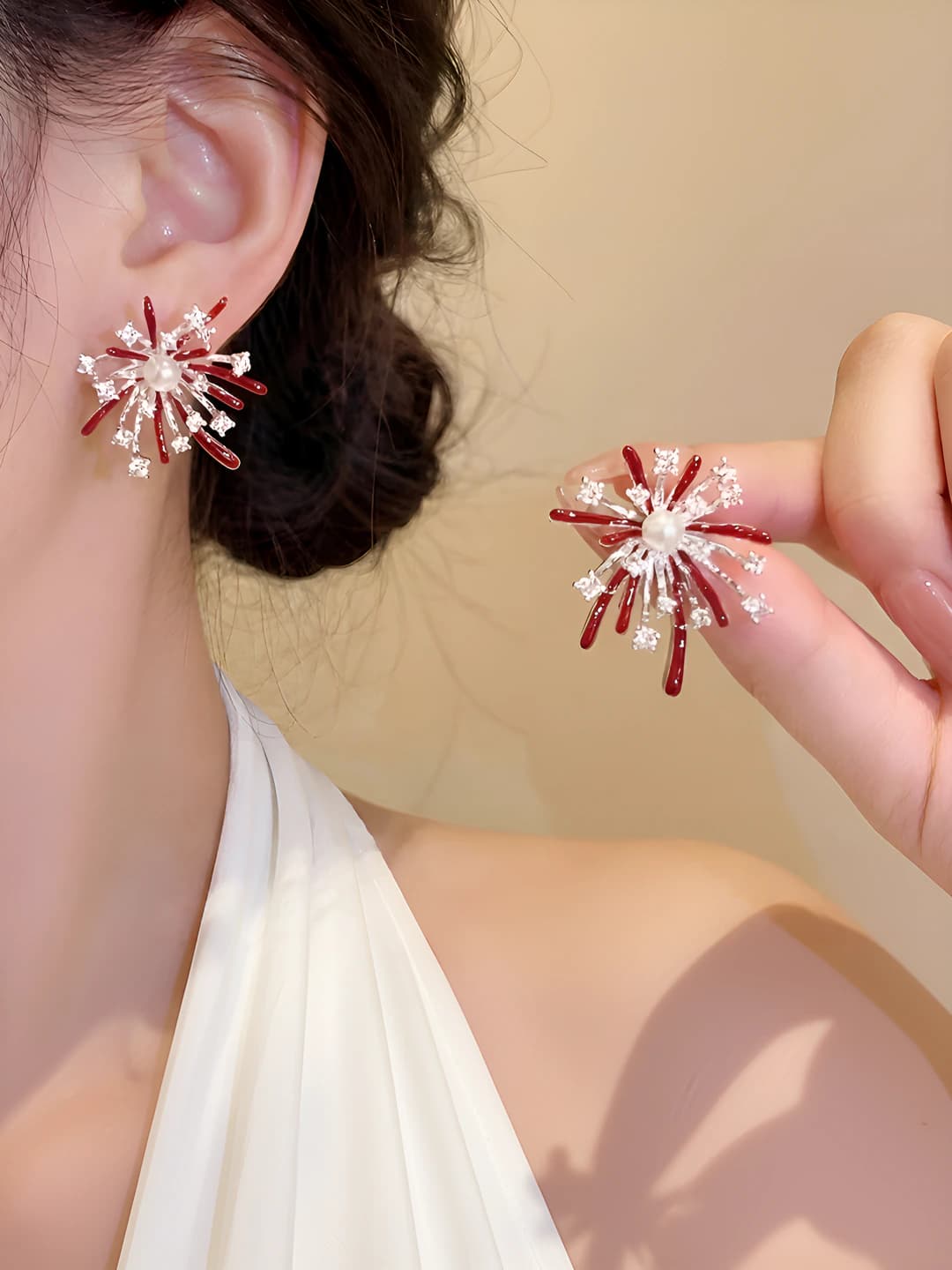 2# Diamond pearl firework earrings, silver