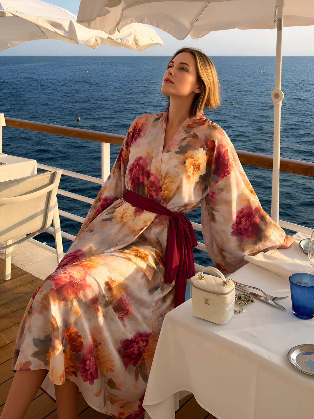 Women's printed satin bath robe, loose fit, long sleeve, long length, V-neck, for summer, spring and autumn