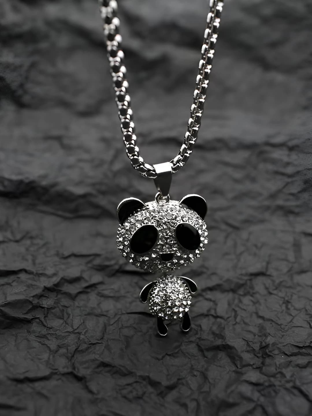 Women's long titanium steel sweater chain with full diamond panda and bear pendant, hip-hop style