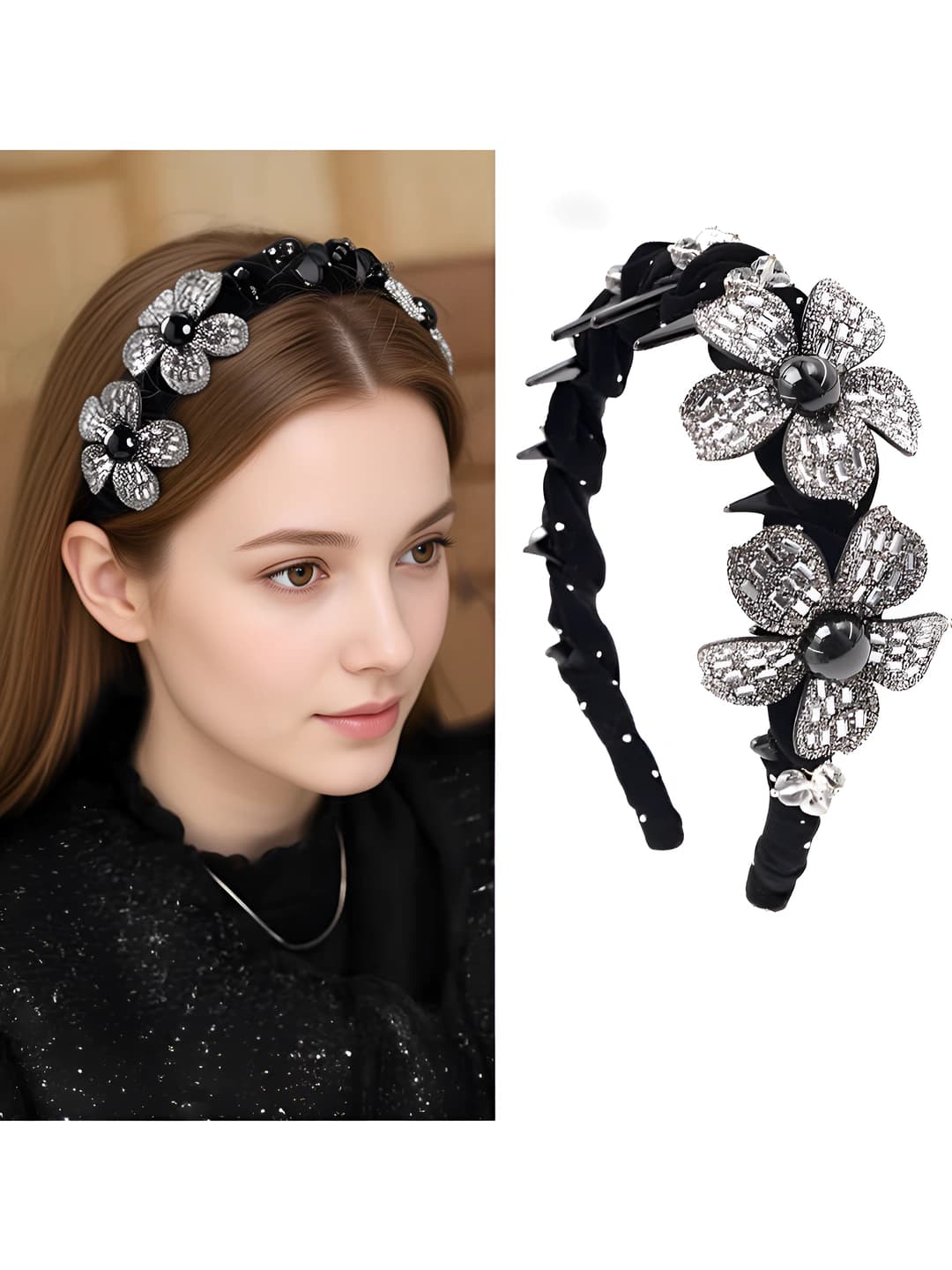 Ayollar uchun 3D yengil lyuks velur, sirpanmaydigan tishli suvga chidamli diamant guli obodok, koreys uslubida, yangi va shirin