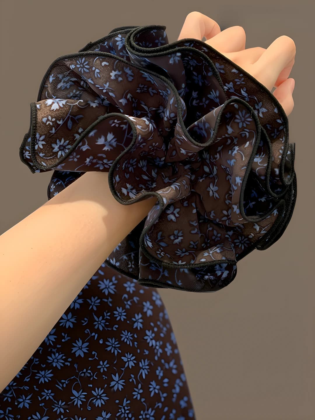 3# Brown retro navy floral 4-layer large hair tie ~16 cm