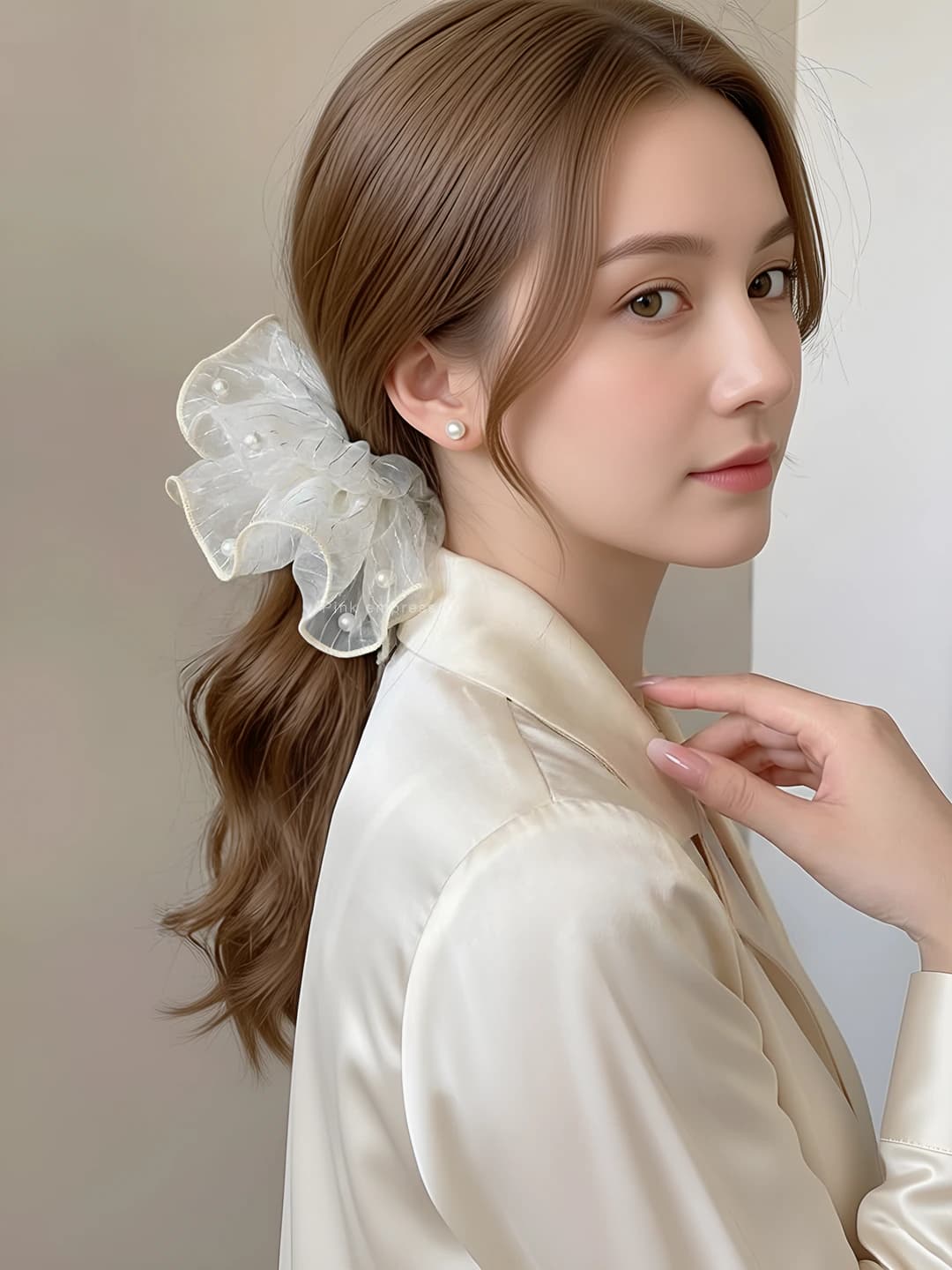1# Oqsimon marvaridli organza soch to'ri ~19 sm