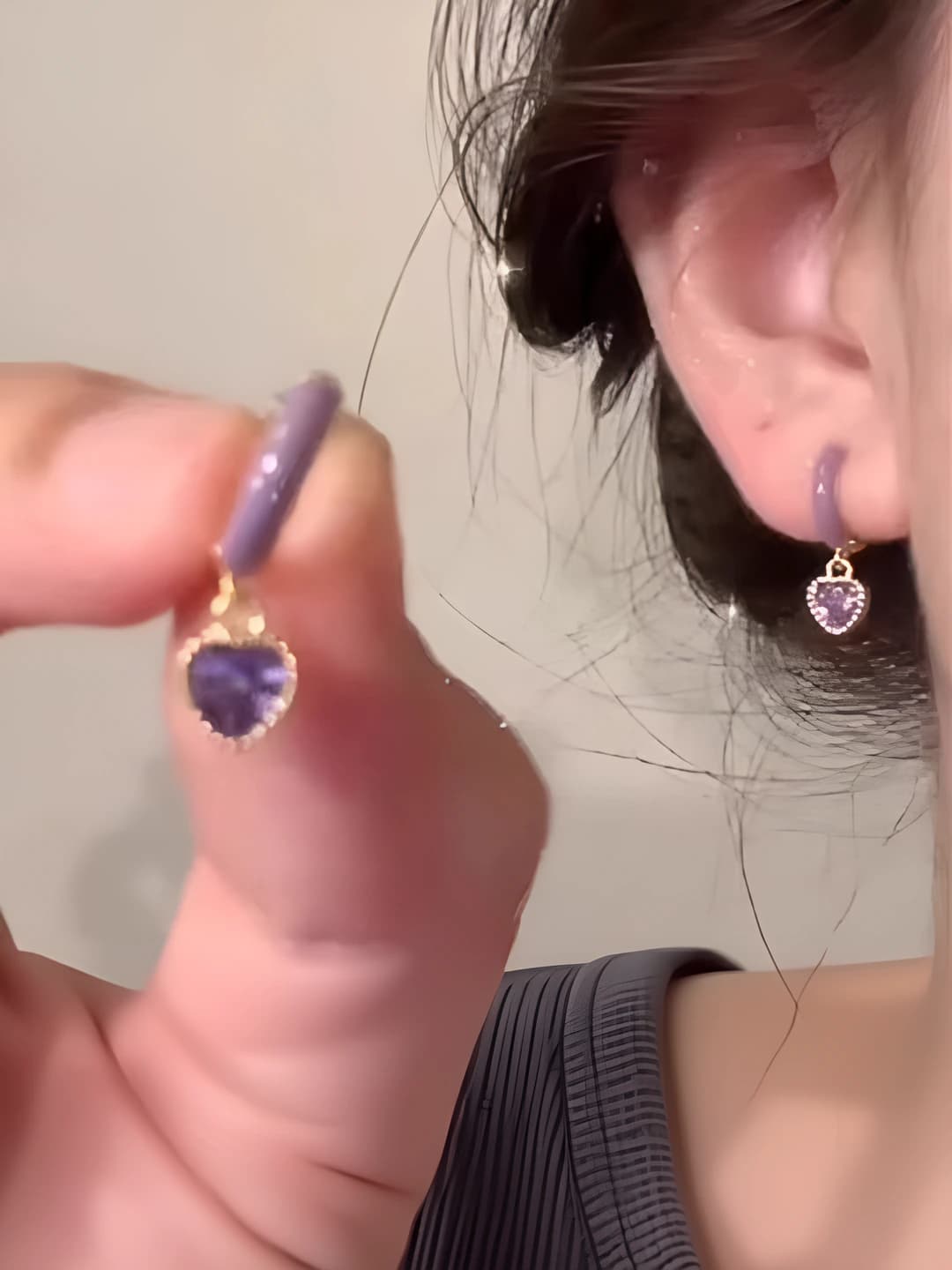 Women's French style purple enamel heart earrings