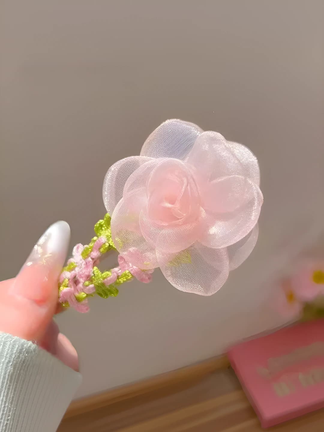 1# Pink mesh flower clip, 1 pc