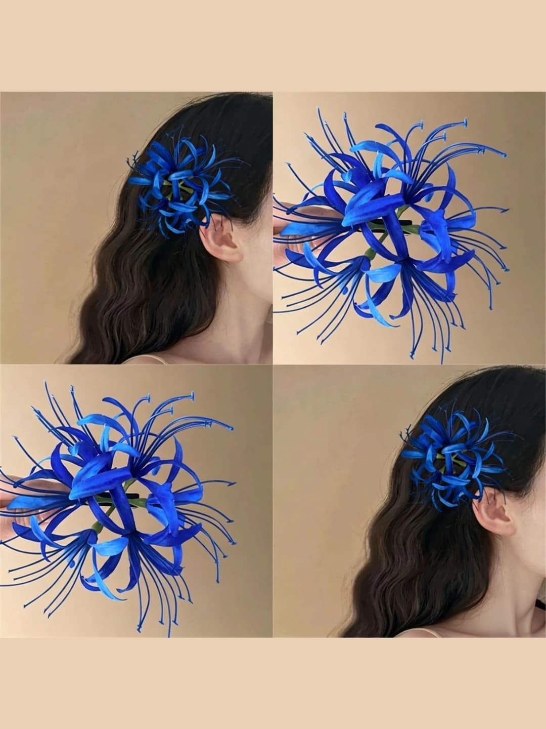 Women's flower hair clips and combs: blue, retro style, handmade, fabric material, for side
