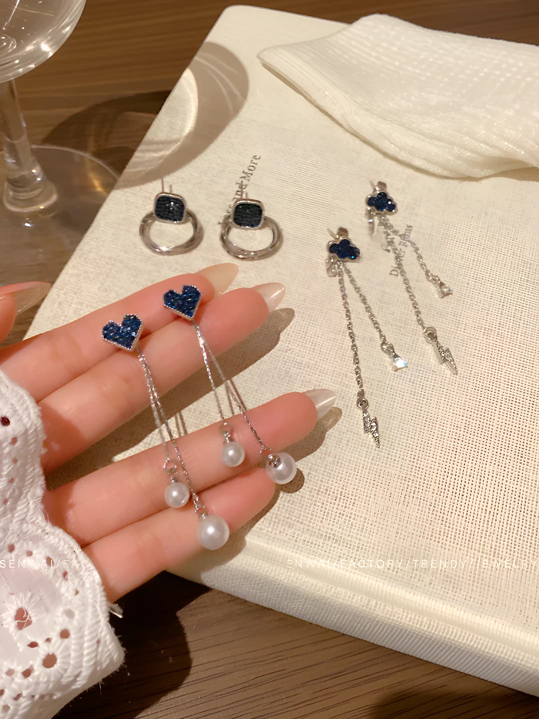 Women's long earrings with tassels, blue zircon in cloud and heart shape