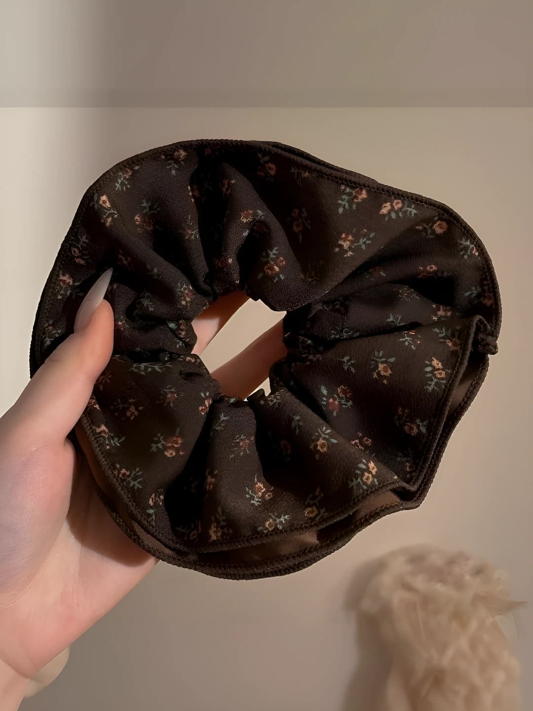 1# Floral brown 4-layer large hair tie ~16 cm