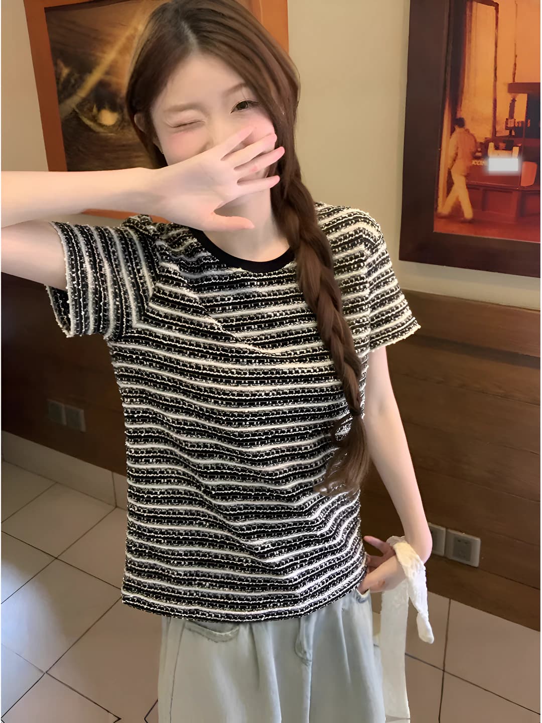 Women's Korean style black striped crew neck short sleeve loose fit t-shirt, summer 2026