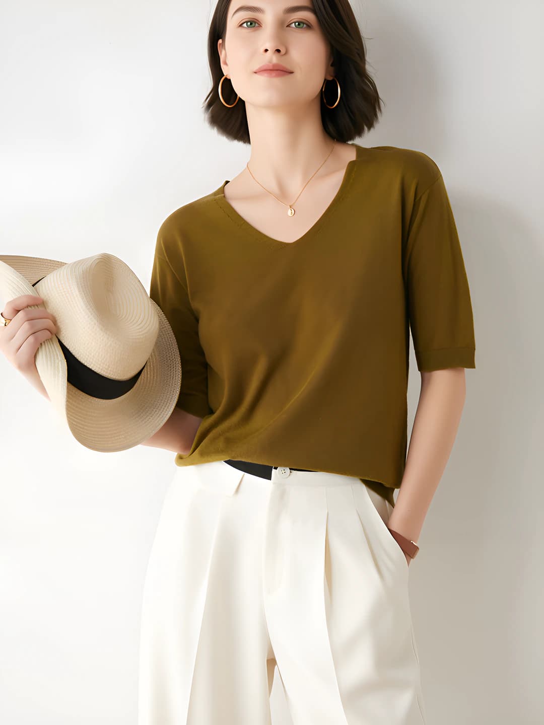 V-neck mustard green