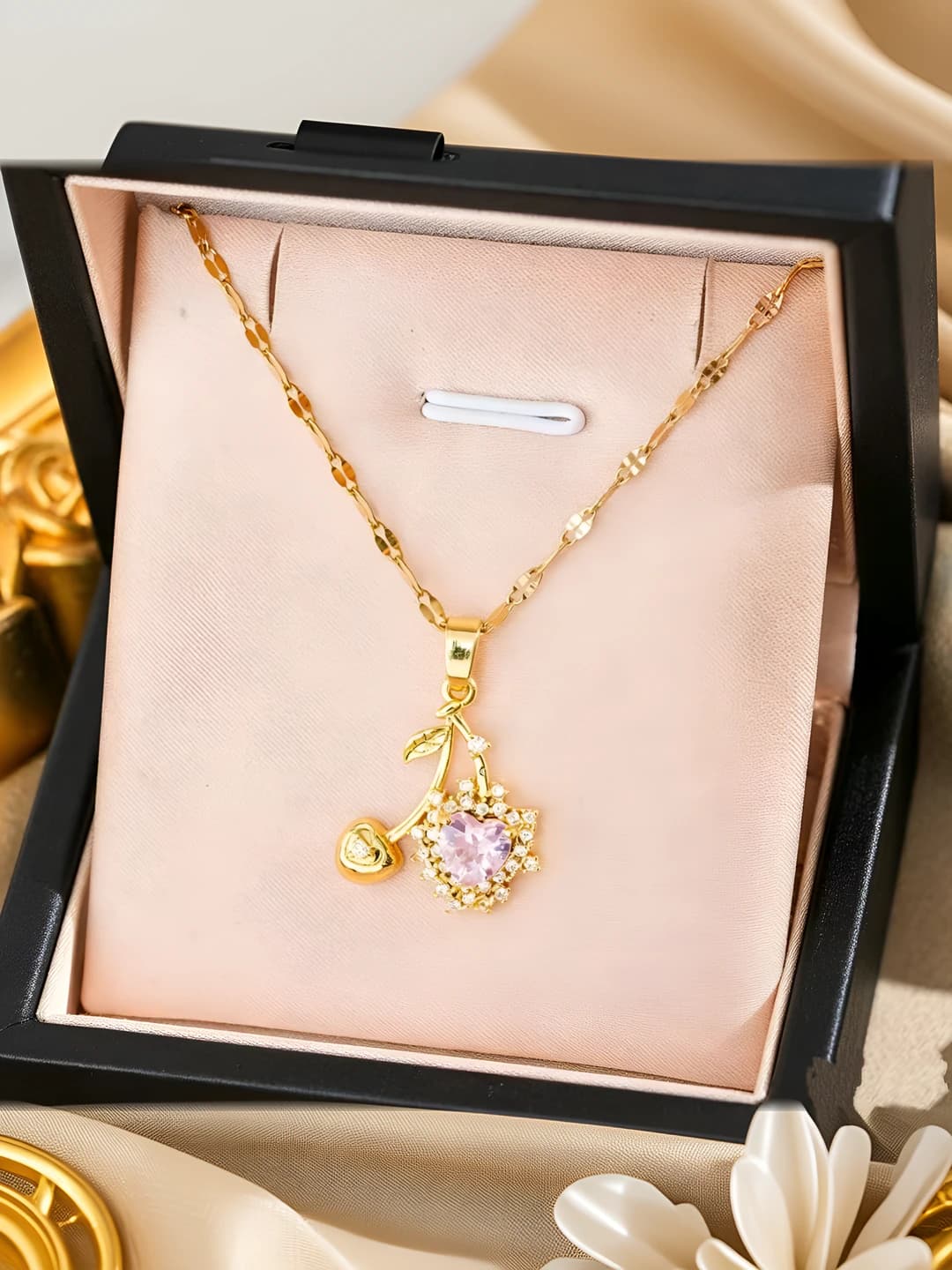 643 Cherry Necklace - Gold-Pink