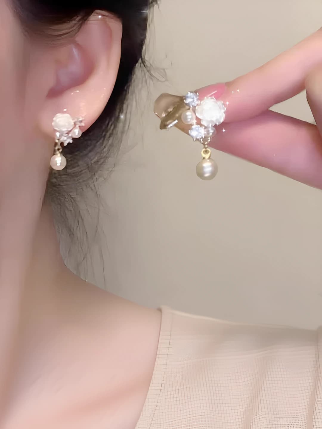 Women's silver post iridescent camellia flower earrings with rhinestones and pearls, no piercing ear clips