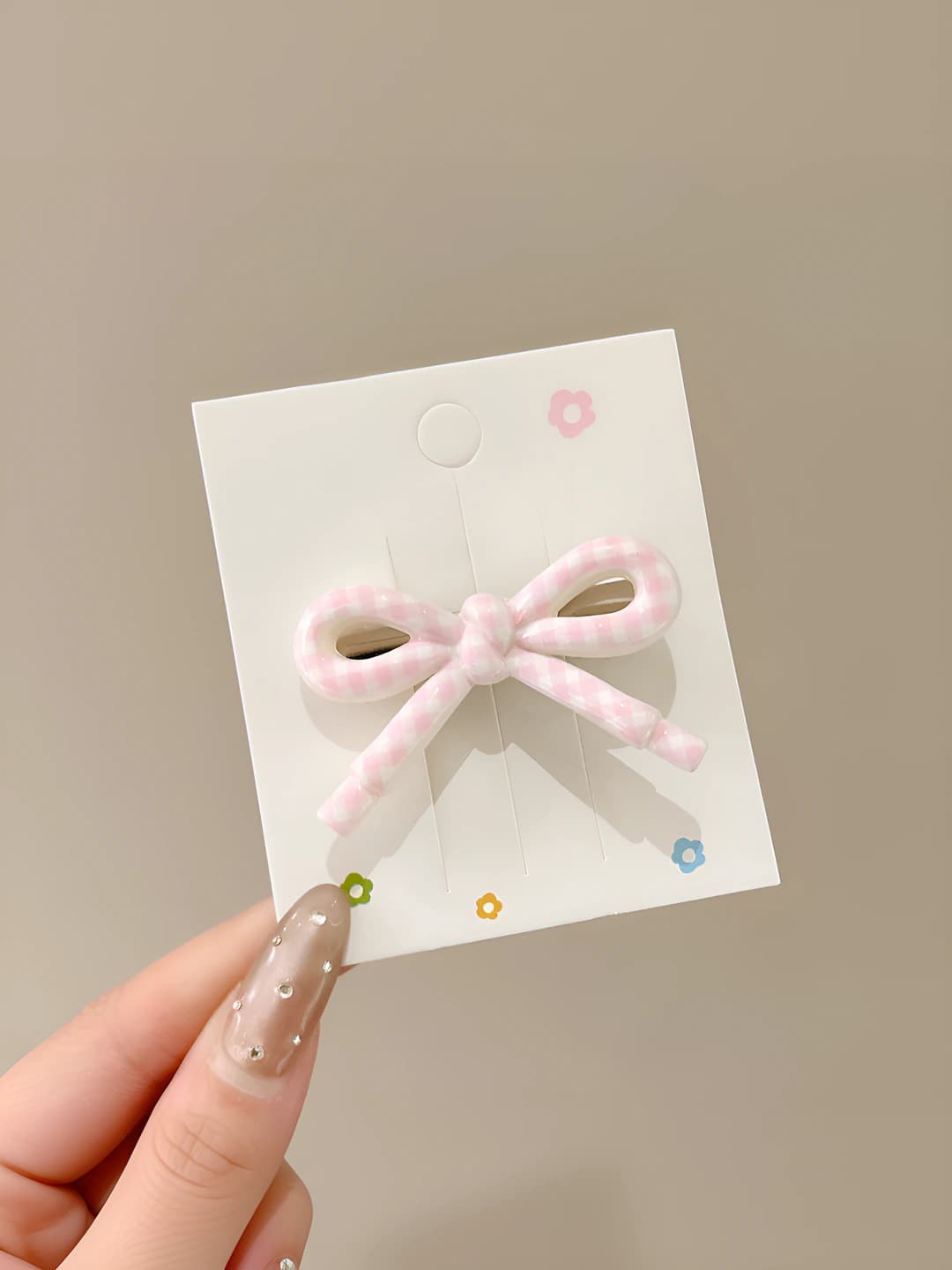 2# Bow, pink plaid, 5 cm