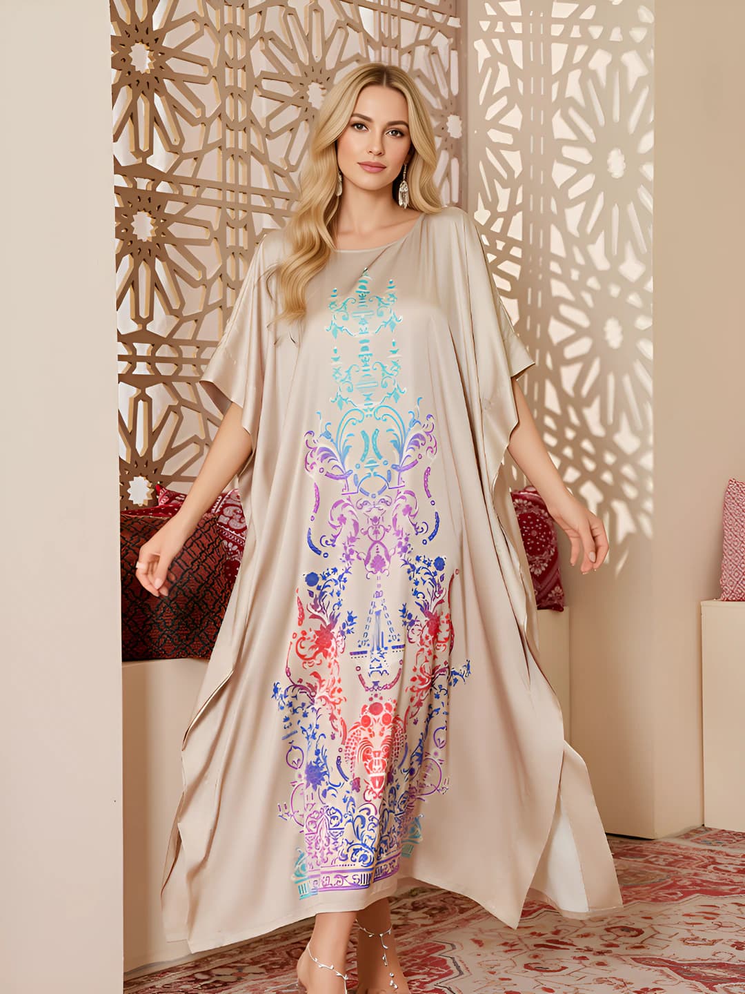 Women's plus size loose fit satin printed house robe, crew neck, for summer, spring, and autumn