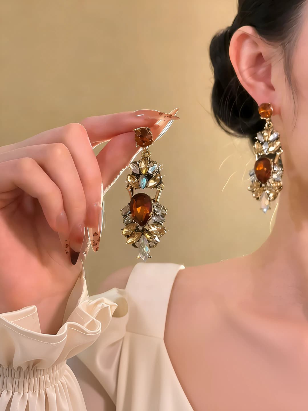 Women's long retro style earrings with zircon, 14k gold post, design element