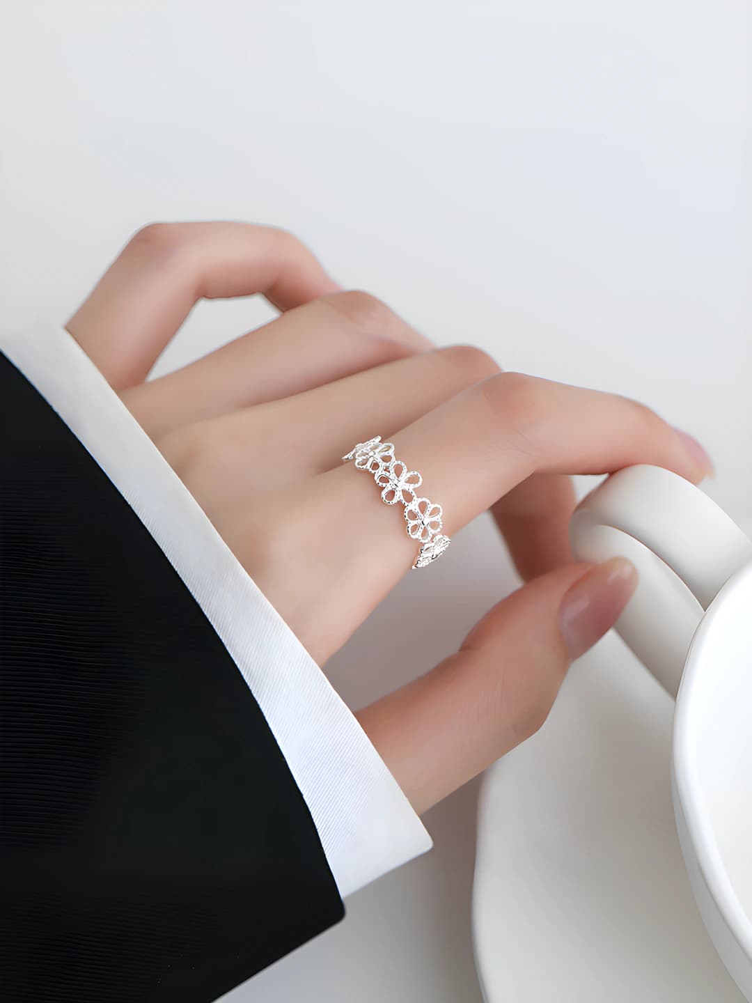 Women's floral openwork ring, elegant design for spring