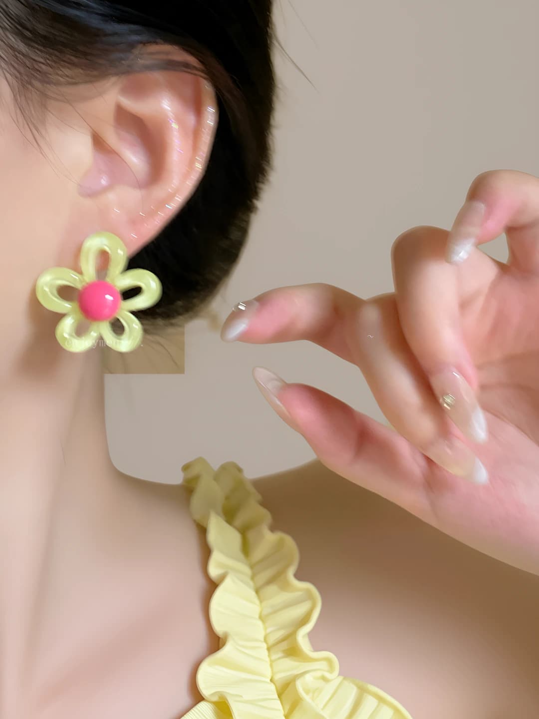 3# Yellow flower studs [1 pair] / Acrylic + silver