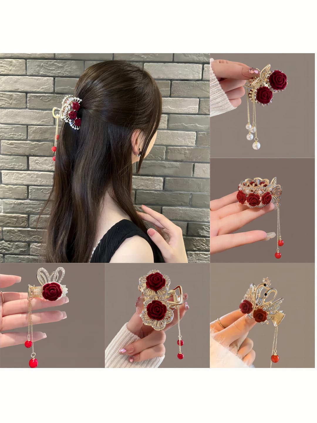Women's hair clips and combs: metal hair clip with tassel and rose