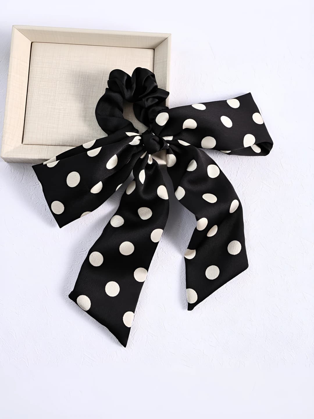 Women's black and white polka-dot satin hair ties, handmade, bow style