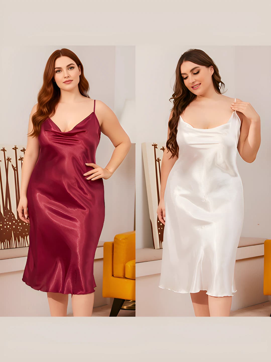 Women's summer plus size loose fit ice-silk fabric nightgown, sleeveless, high neck, loungewear
