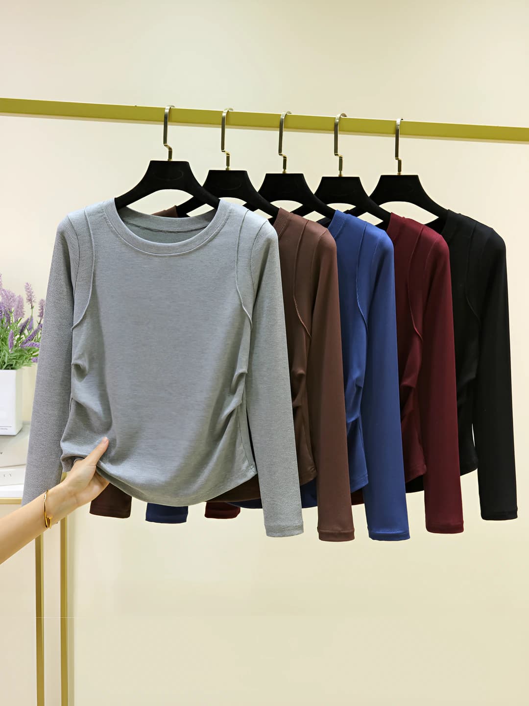 Women's spring-autumn plus size long sleeve thin longsleeve, slim fit crew neck solid colour casual t-shirt