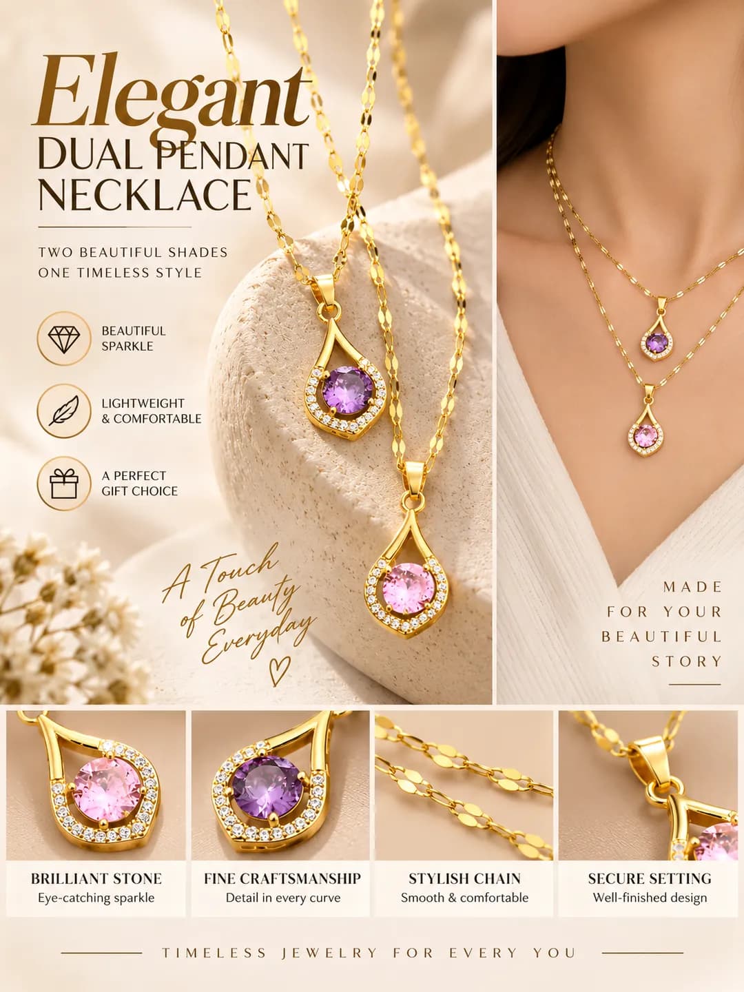 Women's titanium steel chain necklace with water drop pendant, design element: Chinese style, processing technology: electroplating