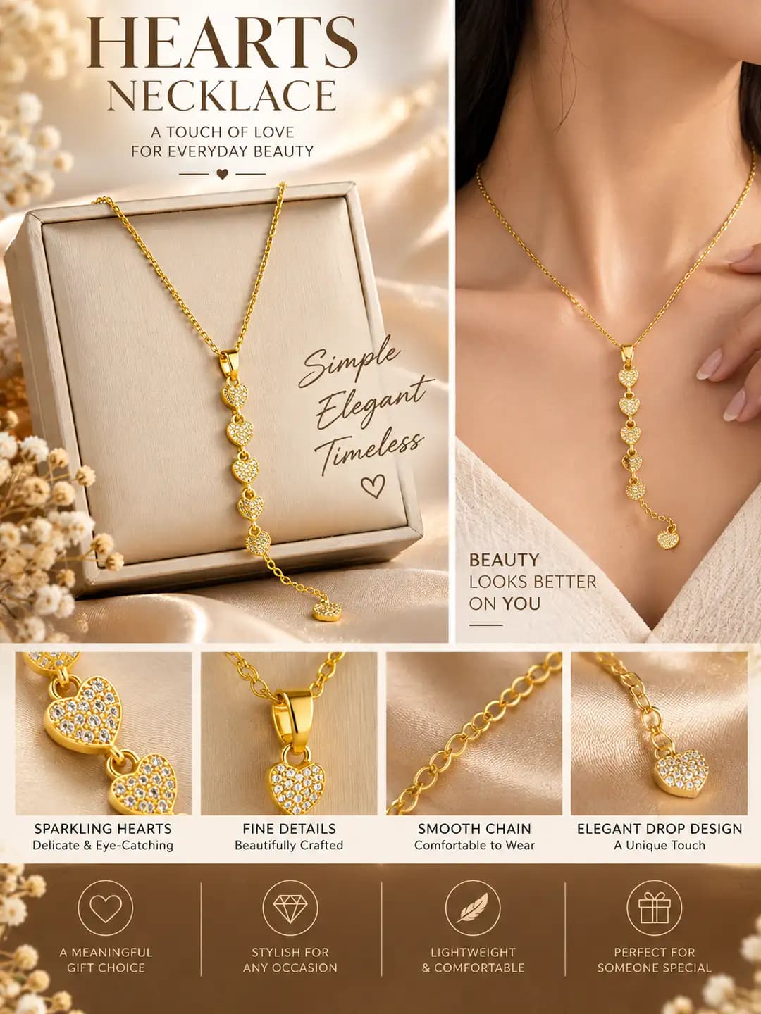 Women's long titanium steel necklace with heart-shaped zircon pendant, shiny O chain, non-fading accessory