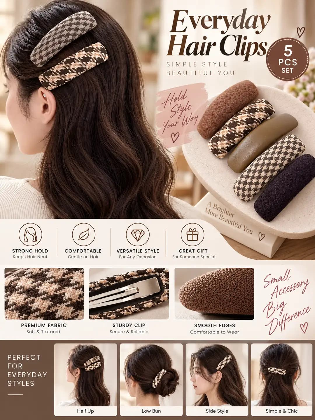 Women's fabric hair clips and combs in plaid pattern, Korean style for autumn-winter