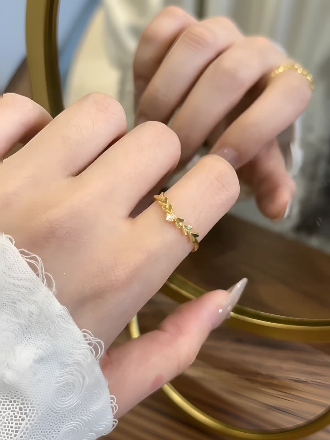 Women's gold heart-shaped zircon ring, adjustable open band, Korean style