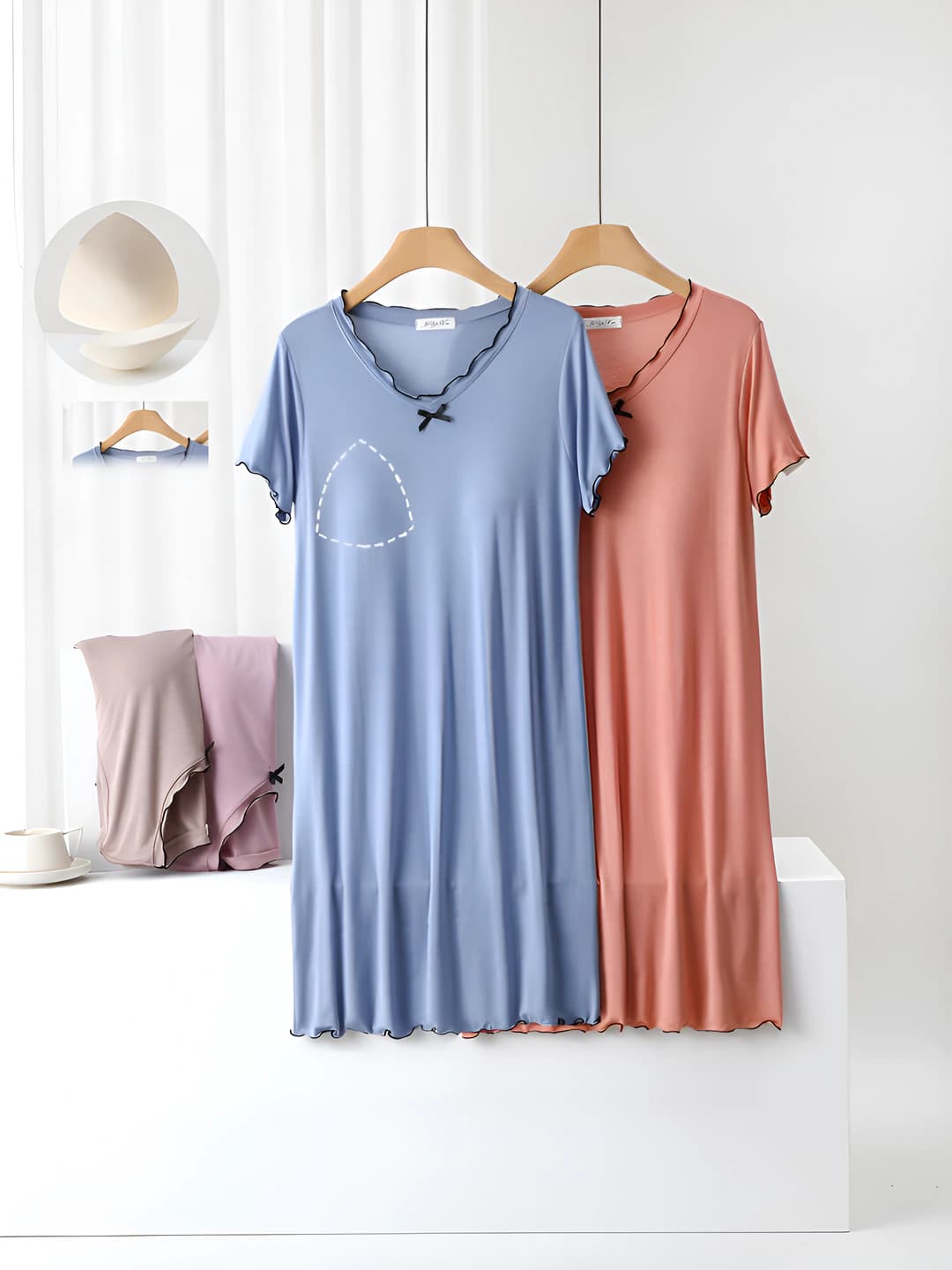 Women's summer thin modal nightgown with crew neck, short sleeve, built-in bra pads, A-line, loungewear