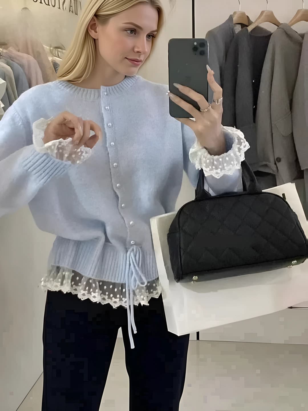 Women's lace and tie detail crew neck long sleeve cropped knit cardigan for spring-autumn
