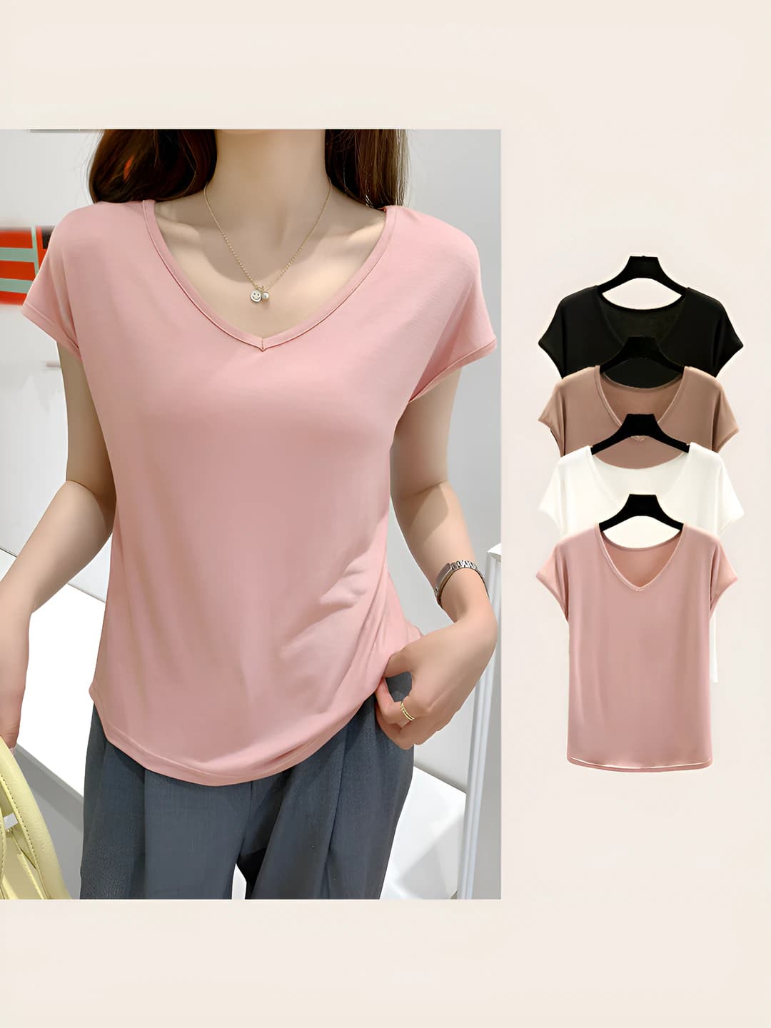 Women's modal t-shirt, V-neck, short sleeve, slim fit, thin, solid colour, casual