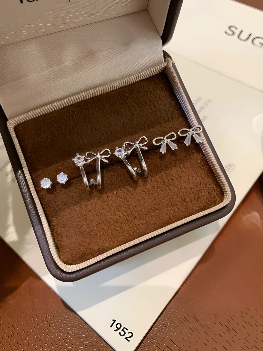 Women's bow zircon stud earrings set, copper, 925 silver post, sweet style