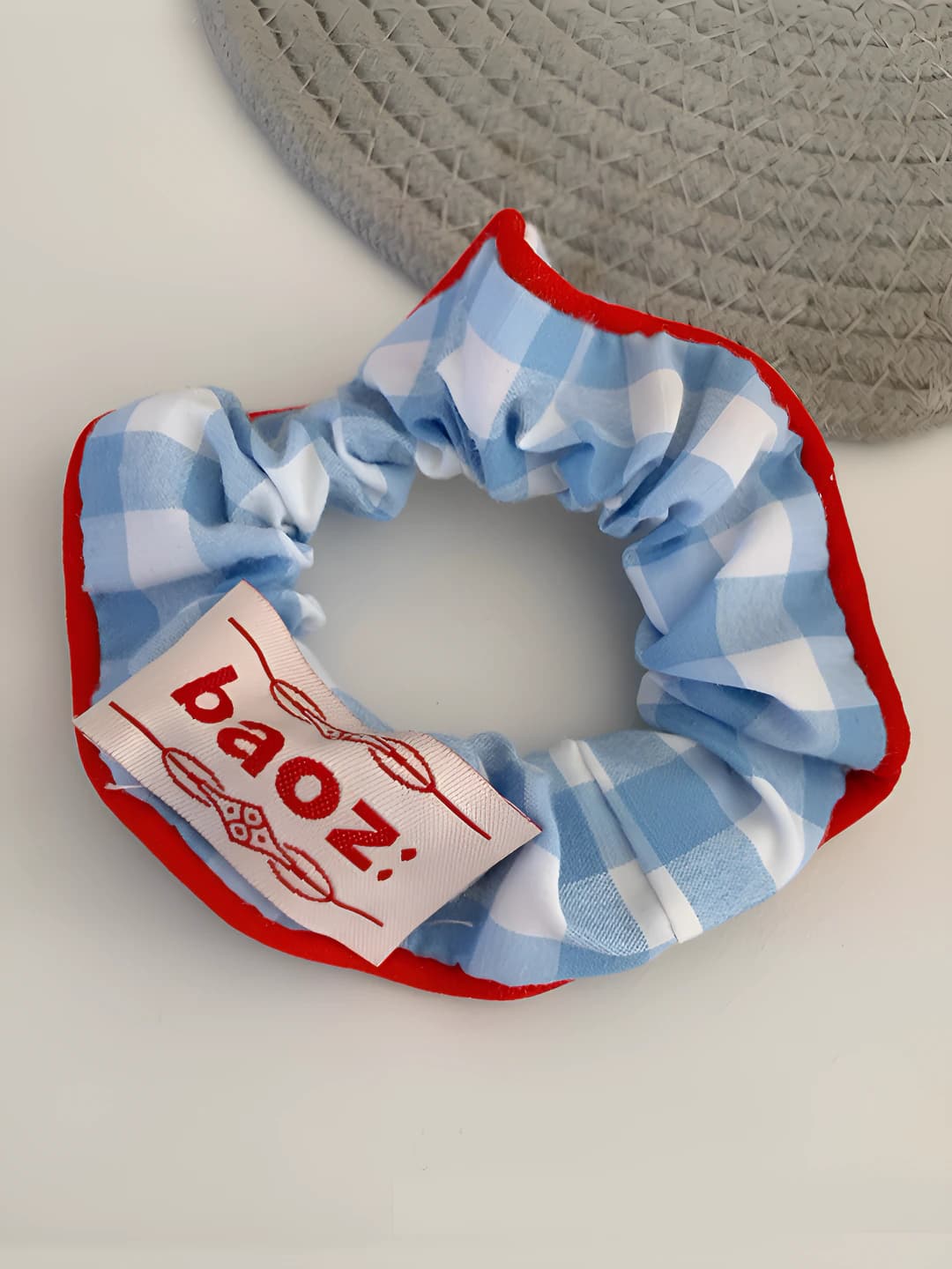 Blue plaid scrunchie ~12 cm