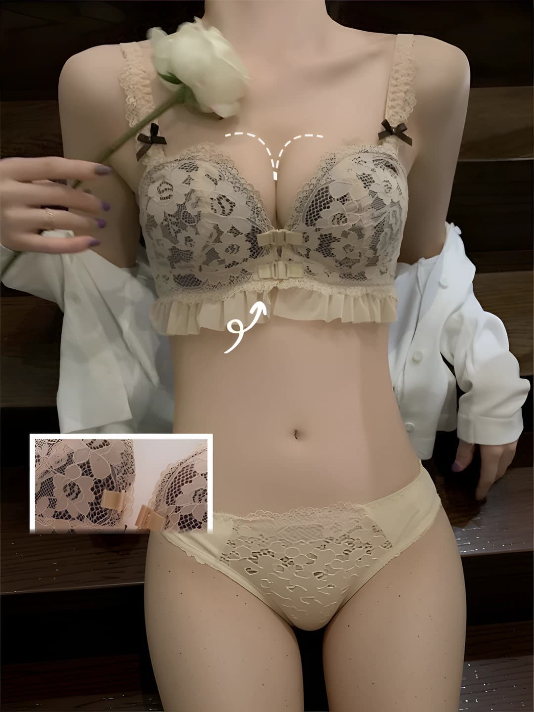 Women's lace front-closure bra, 3/4 cup, thickened, push-up, wire-free, lifting