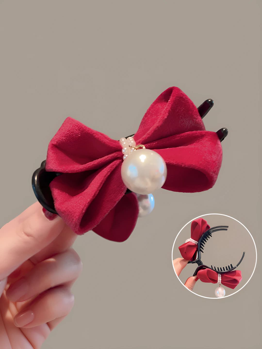 Red velvet pearl hair clip