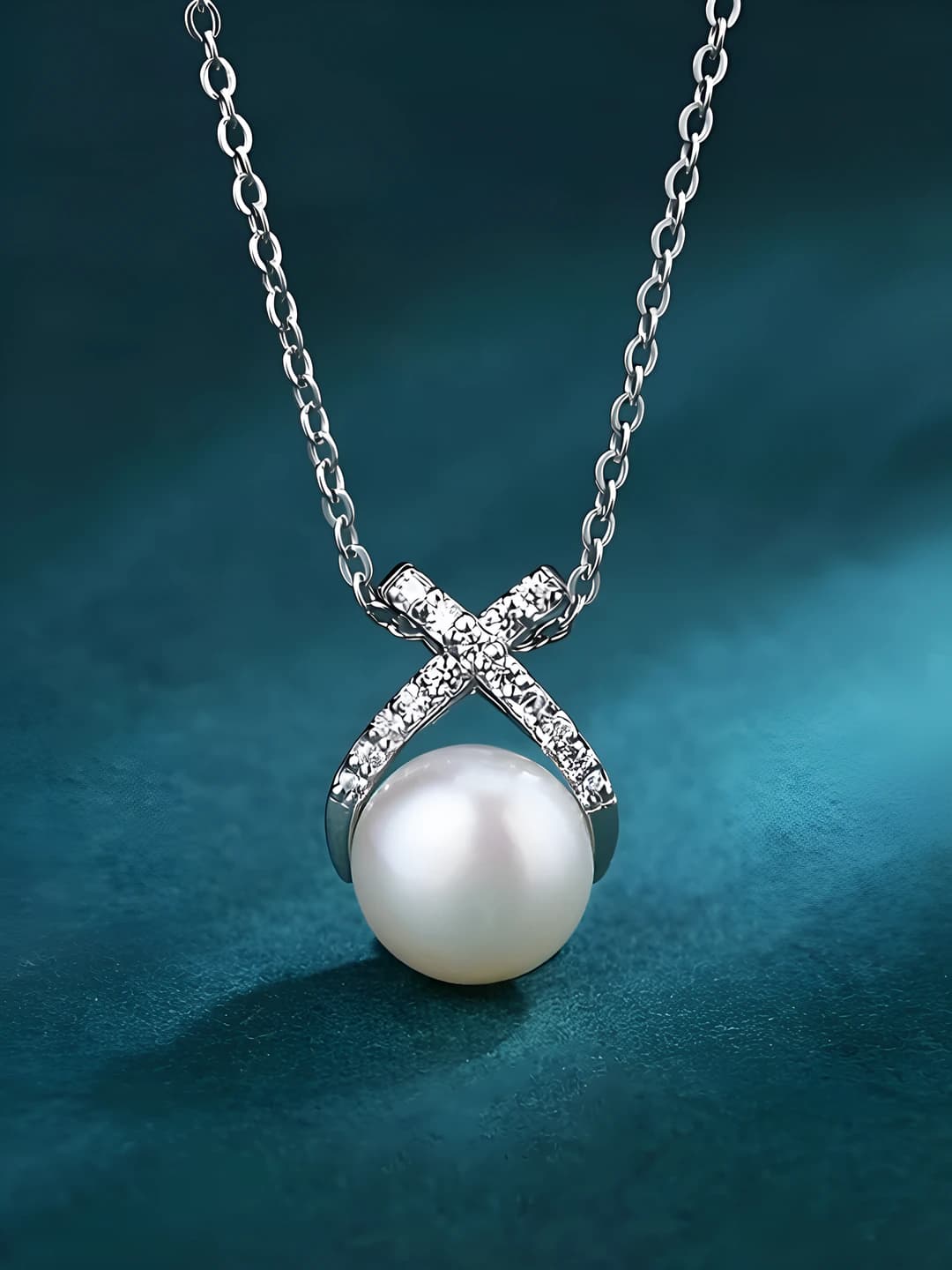 Cross strap diamond pearl necklace