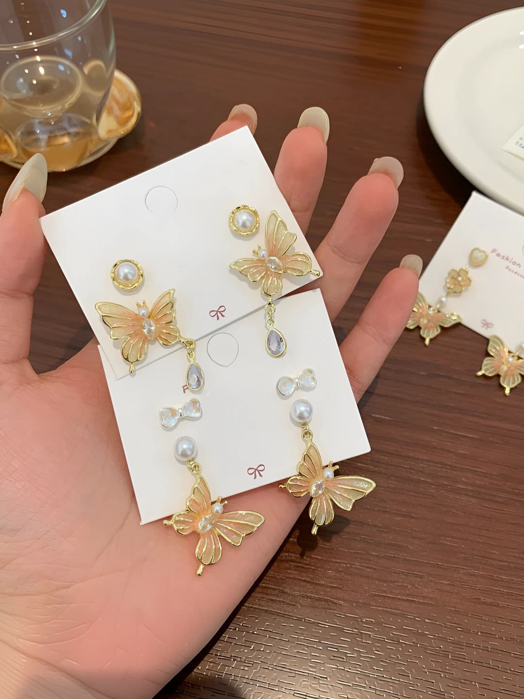 Women's Korean style gold gradient resin butterfly earrings, 925 silver post, retro style