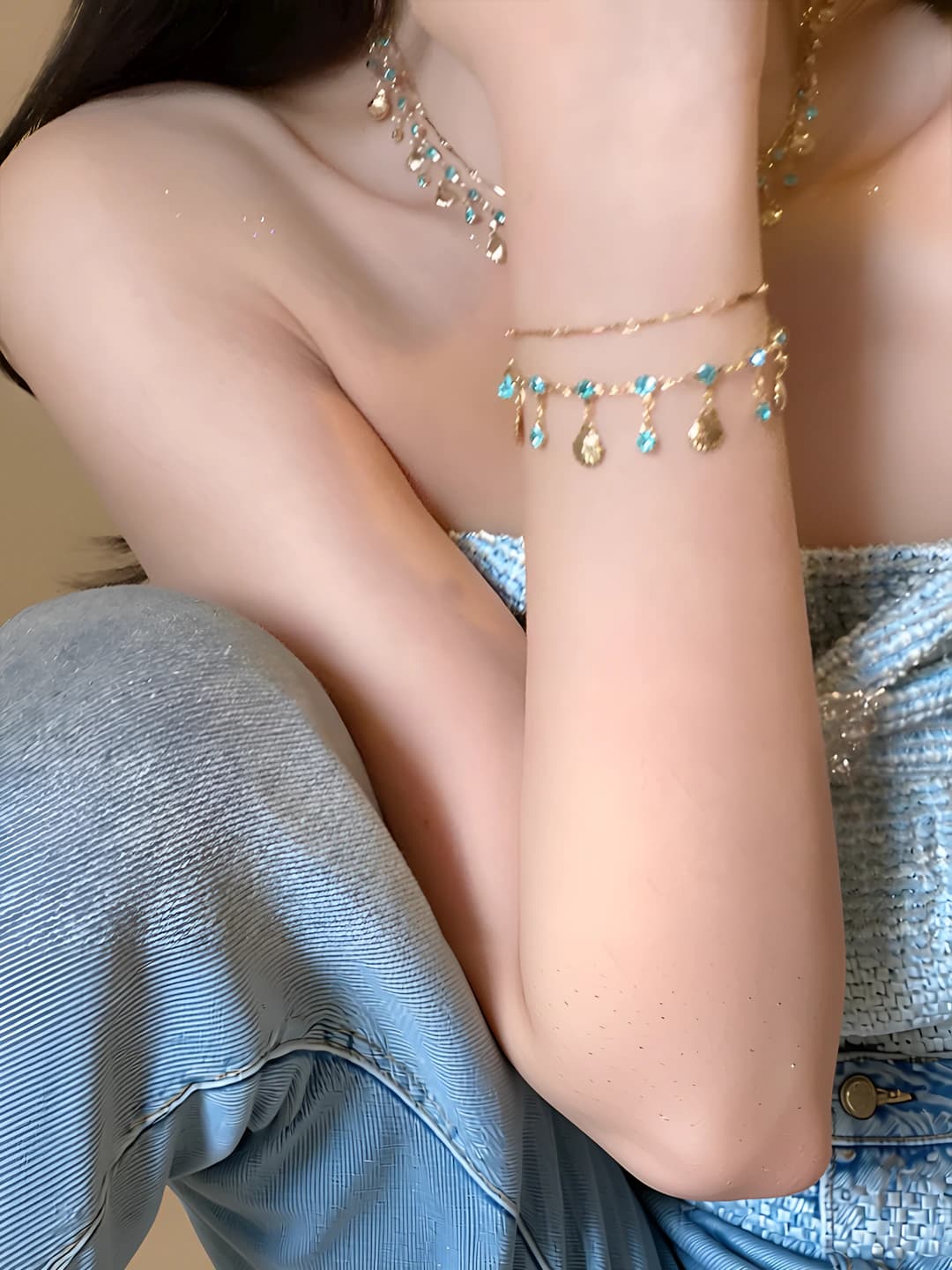 Women's layered shell and zircon necklace: light luxury, exclusive, vacation style, double chain
